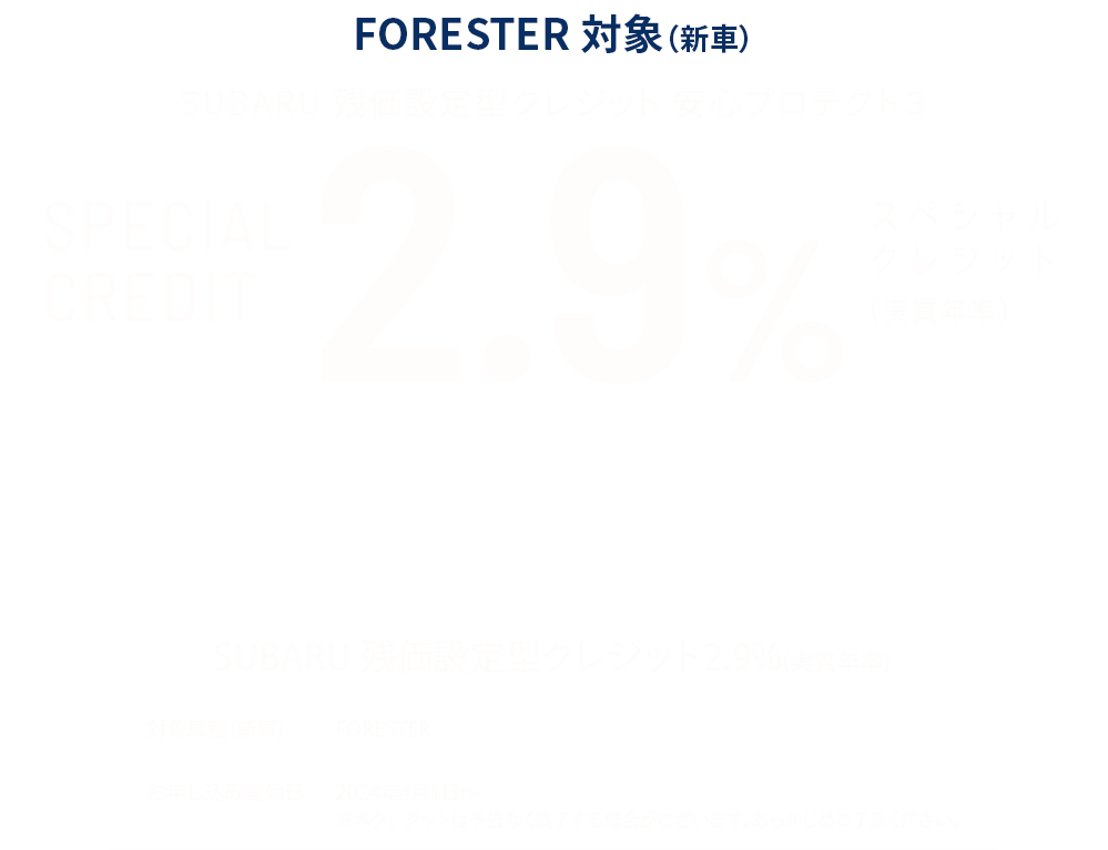 FORESTER対象(新車)SUBARU残価設定型クレジット安心プロテクト3 SPECIAL CREDIT 2.9%(実質年利)SUBARU残価設定型クレジット2.9%(実質年利) 対象車種(新車):FORESTER お申し込み開始日:2024年4月1日~ ※本クレジットは予告なく終了する場合がございます。あらかじめご了承ください。