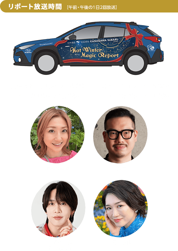 リポート放送時間[午前・午後の1日2回放送][月〜木曜]9:45/16:00[金曜]11:35/16:00[土曜]10:40/15:26[日曜]10:20/14:03 鈴木まひる・DJ帝・二ノ宮一馬（甘党男子）・横山胡桃