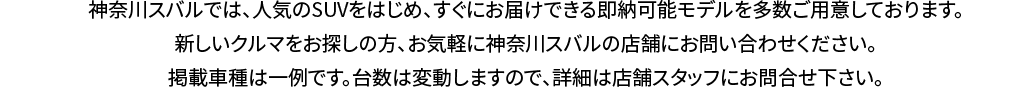 神奈川スバルでは、人気のSUVをはじめ、すぐにお届けできる即納可能モデルを多数ご用意しております。新しいクルマをお探しの方、お気軽に神奈川スバルの店舗にお問い合わせください。掲載車種は一例です。台数は変動しますので、詳細は店舗スタッフにお問合せ下さい。