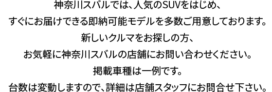 神奈川スバルでは、人気のSUVをはじめ、すぐにお届けできる即納可能モデルを多数ご用意しております。新しいクルマをお探しの方、お気軽に神奈川スバルの店舗にお問い合わせください。掲載車種は一例です。台数は変動しますので、詳細は店舗スタッフにお問合せ下さい。