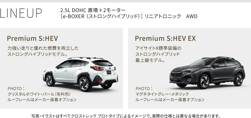 LINEUP 2.5L DOHC 直噴＋2モーター［e-BOXER （ストロングハイブリッド）］ リニアトロニック　AWD Premium S:HEV 力強い走りと優れた燃費を両立した
ストロングハイブリッドモデル。PHOTO ： クリスタルホワイト・パール（有料色） ルーフレールはメーカー装着オプション Premium S:HEV EX アイサイトX標準装備のストロングハイブリッド最上級モデル。 PHOTO ： マグネタイトグレー・メタリック ルーフレールはメーカー装着オプション 写真・イラストはすべてクロストレック プロトタイプによるイメージで、実際の仕様とは異なる場合があります。